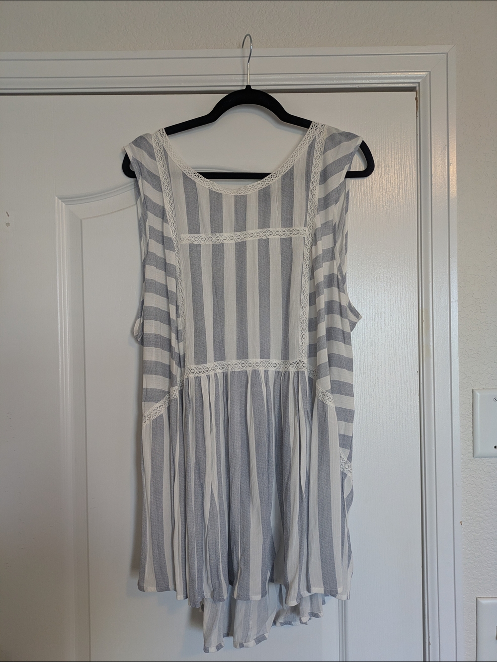 Lane Bryant White and Light Gray Striped Lace-Trim Sleeveless Top